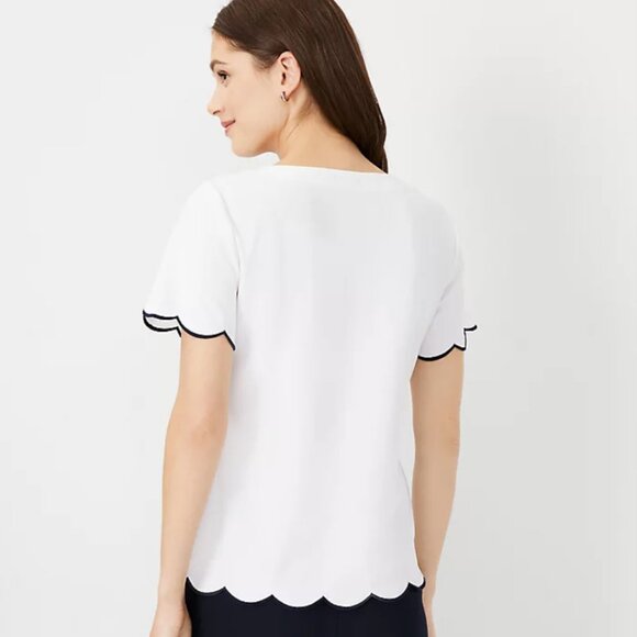 Ann Taylor Bright Scalloped Hem Short Sleeve Top (White) - Picture 1 of 4